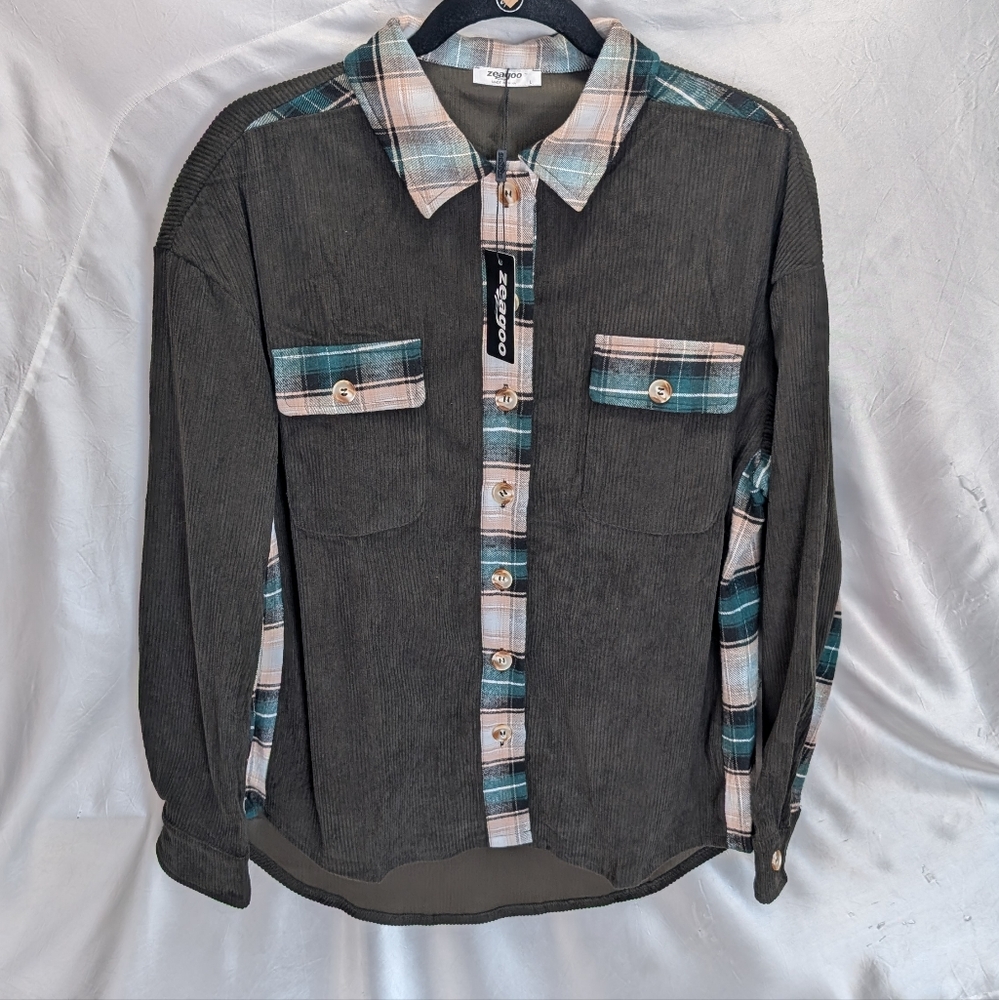 NWT Zeagoo Sage Green Blue Beige Plaid Trim Corduroy Button Down Shacket L
